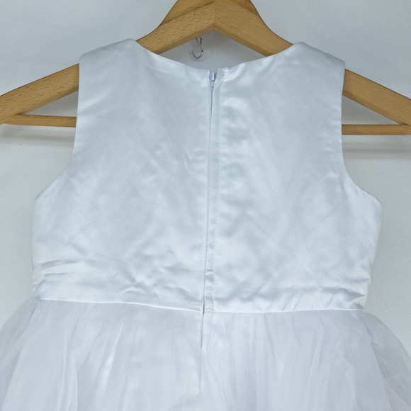 White Tulle Formal Christening Gown 7/8 Floral 3D Applique Satin Bow Flower Girl - Picture 16 of 16
